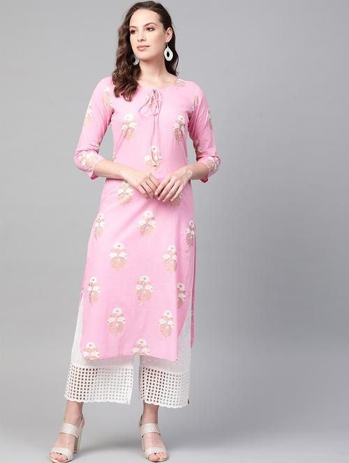 pink cotton straight kurta - 19346956 - Very Small Image - 1