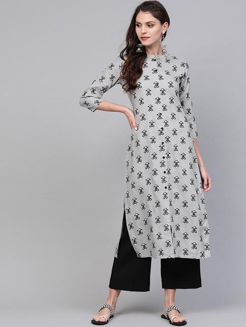 grey cotton straight kurta - 19346967 - Very Small Image - 1