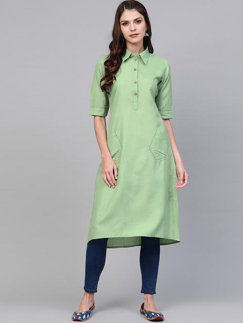 green cotton straight kurta - 19346990 - Very Small Image - 1