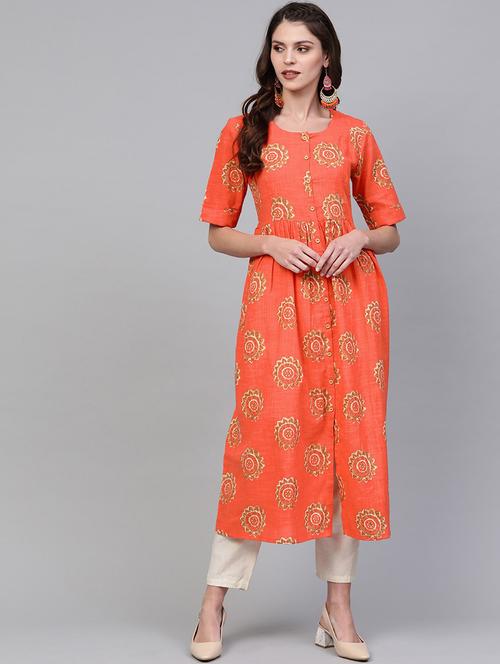 orange cotton aline kurta - 19347006 - Very Small Image - 1