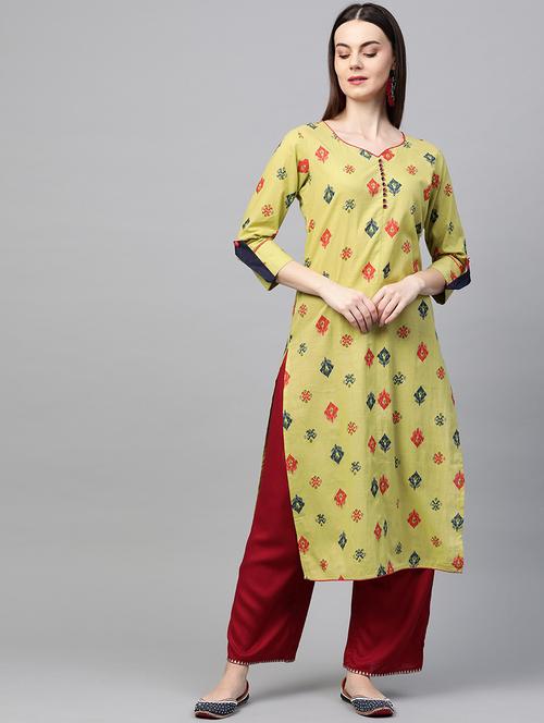 green cotton straight kurta - 19347029 - Very Small Image - 1