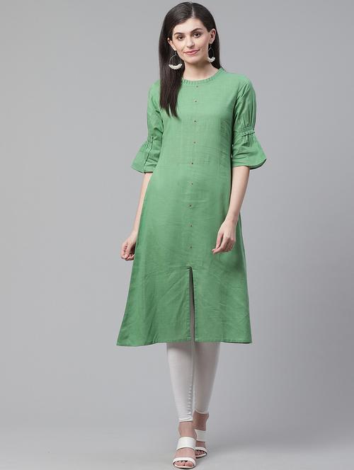 green ruffled neck a-line kurta - 19347112 - Very Small Image - 1
