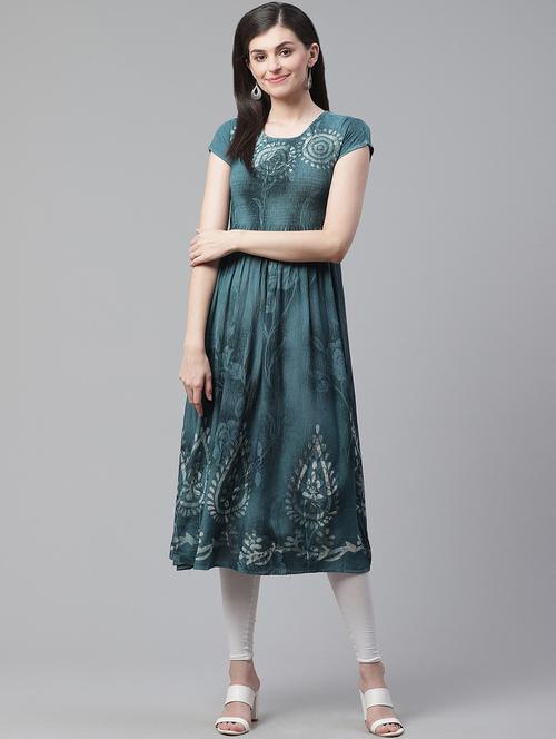 teal cotton flared kurta - 19347122 - Very Small Image - 1