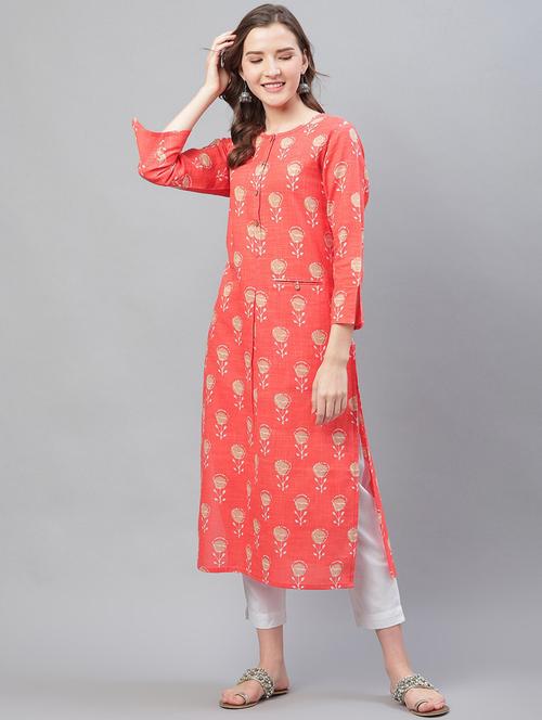 orange cotton straight kurta - 19347173 - Very Small Image - 1