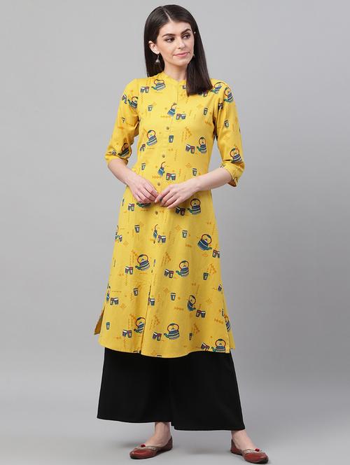 yellow printed a-line kurta - 19347223 - Very Small Image - 1