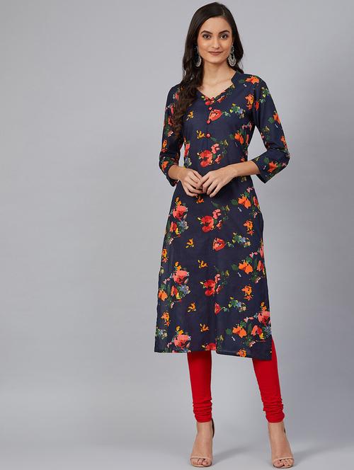 navy cotton straight kurta - 19347231 - Very Small Image - 1