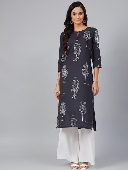 navy printed straight kurta - 19347241 - Very Small Image - 1