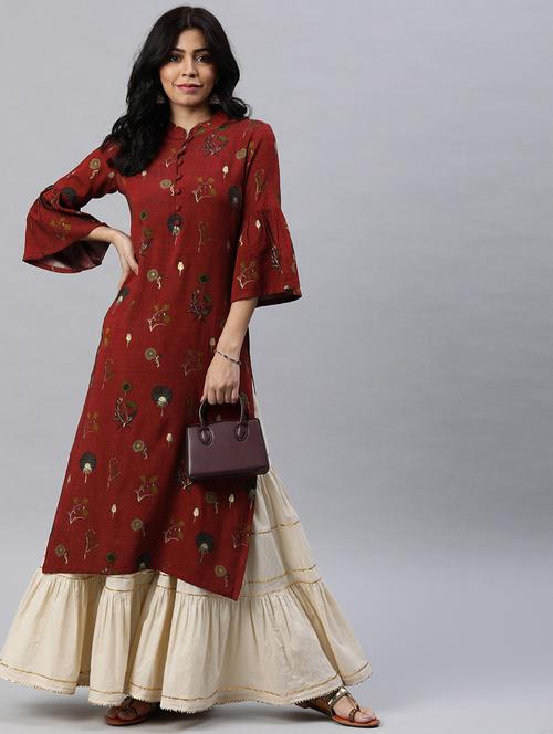 maroon cotton straight kurta - 19347334 - Very Small Image - 1