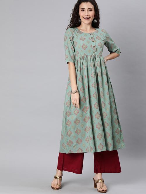 teal printed a-line kurta - 19347410 - Very Small Image - 1