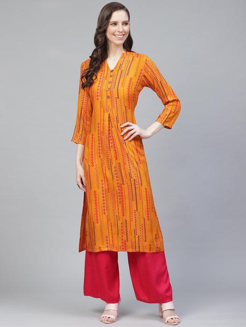 mustard printed straight kurta - 19347417 - Very Small Image - 1