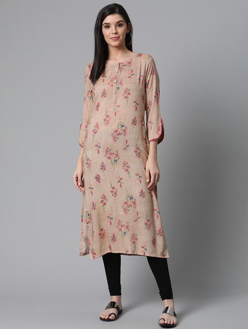 beige printed straight kurta - 19347530 - Very Small Image - 1