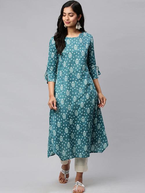 teal printed a-line kurta - 19347718 - Very Small Image - 1