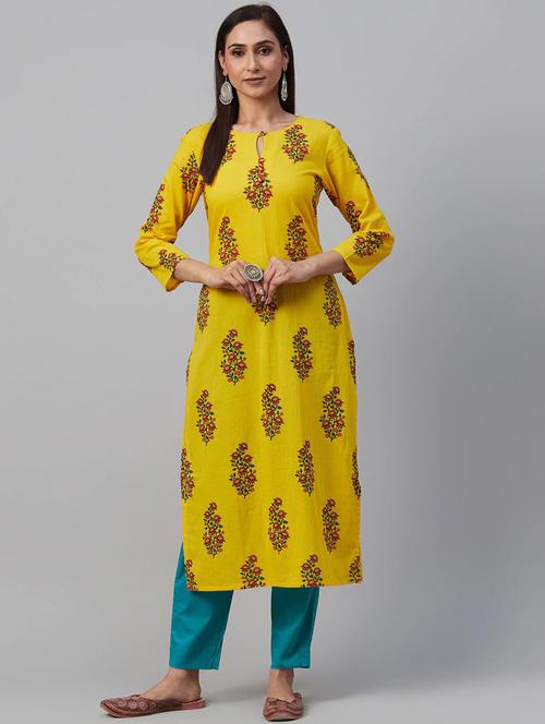 yellow printed straight kurta - 19347753 - Very Small Image - 1