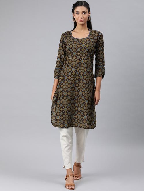 brown printed straight kurta - 19347844 - Very Small Image - 1