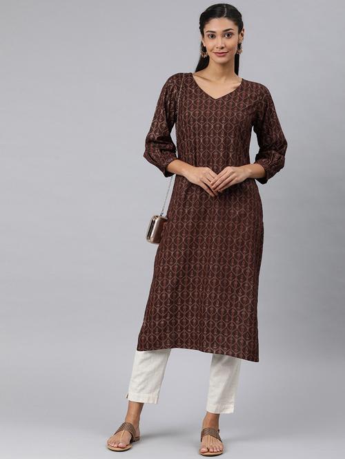 brown printed straight kurta - 19347879 - Very Small Image - 1