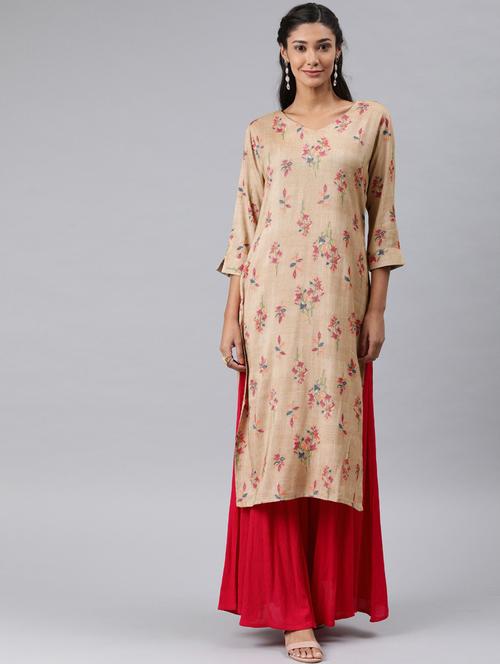 beige printed straight kurta - 19347901 - Very Small Image - 1