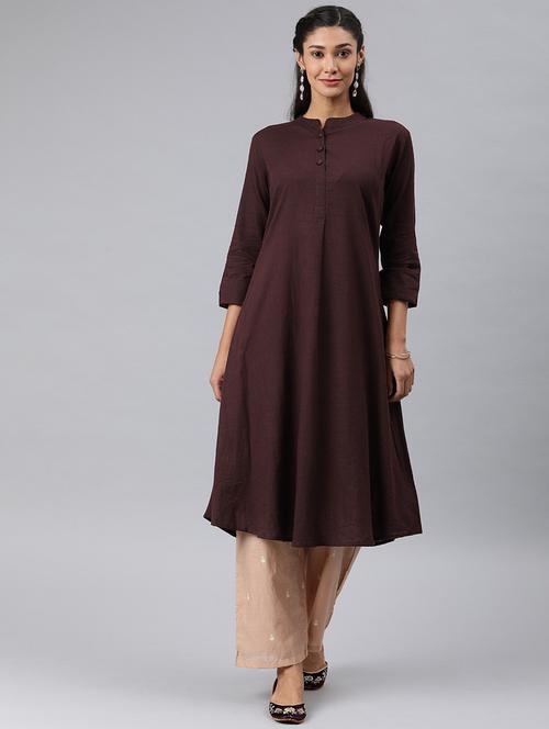 brown solid a-line kurta - 19347919 - Very Small Image - 1