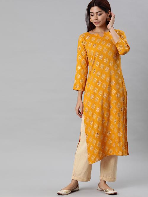 yellow printed straight kurta - 19347935 - Very Small Image - 1