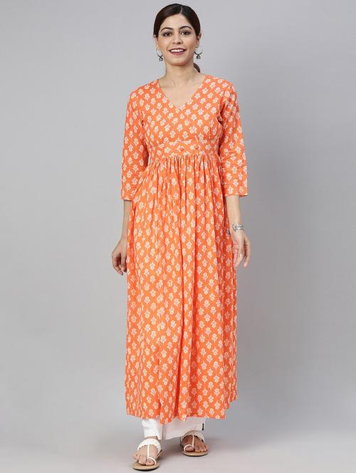 orange printed a-line kurta - 19348011 - Very Small Image - 1