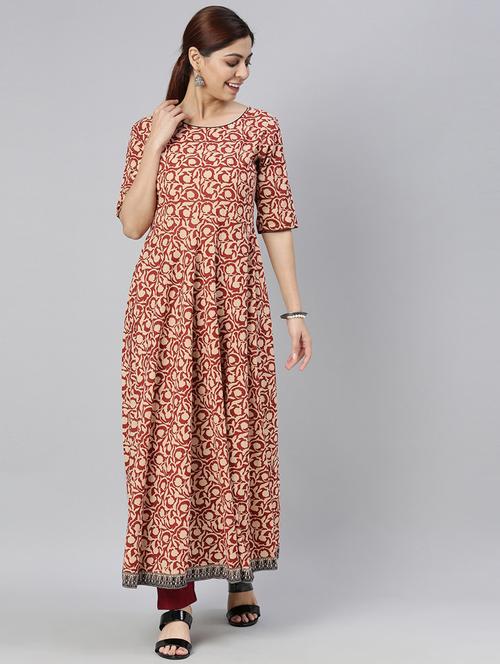 maroon printed a-line kurta - 19348031 - Very Small Image - 1
