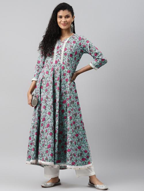 round neck printed anarkali kurta - 19348084 - Very Small Image - 1