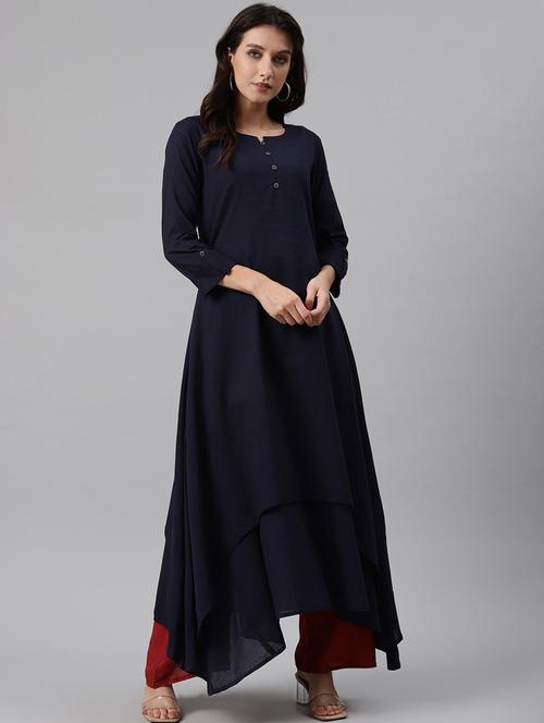 round neck solid a-line kurta - 19348117 - Very Small Image - 1