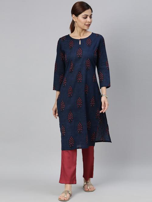 navy cotton straight kurta - 19348220 - Very Small Image - 1