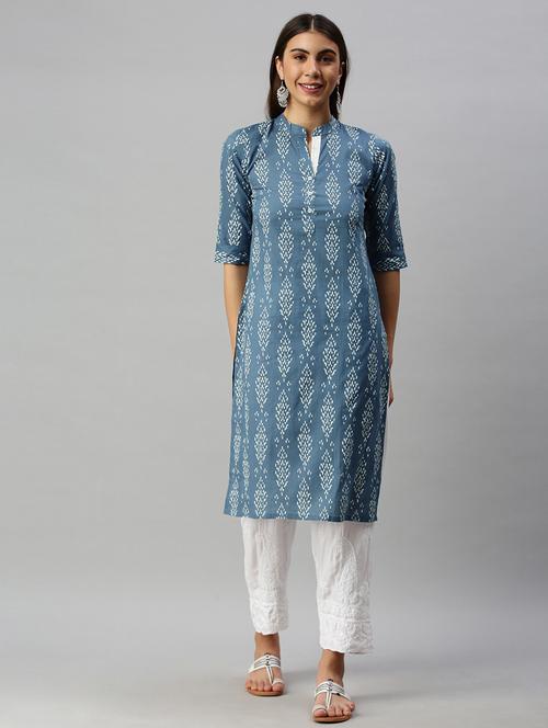 blue cotton straight kurta - 19348233 - Very Small Image - 1
