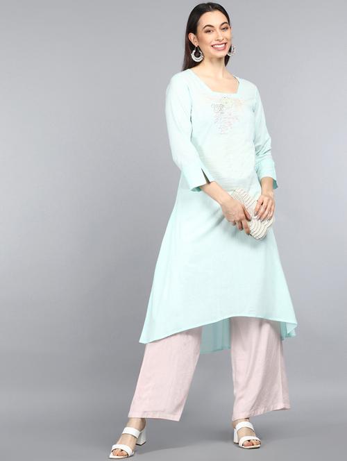 turquoise cotton aline kurta - 19348275 - Very Small Image - 1