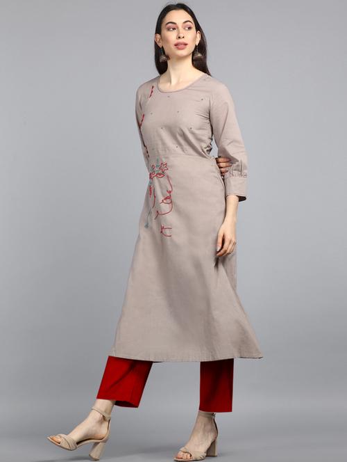 embroidered cotton a-line kurta - 19348278 - Very Small Image - 1