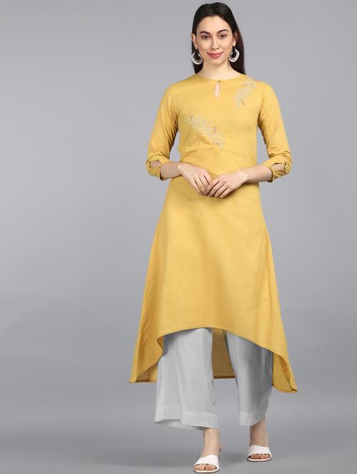 mustard cotton high low kurta - 19348292 - Very Small Image - 1