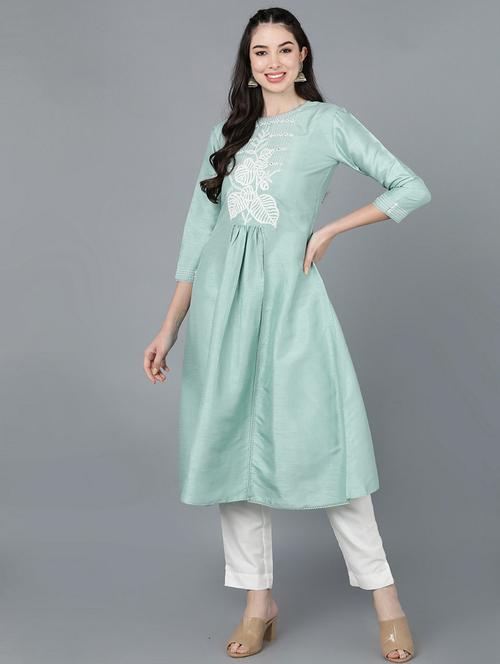 sky blue embroidered a-line kurta - 19348318 - Very Small Image - 1