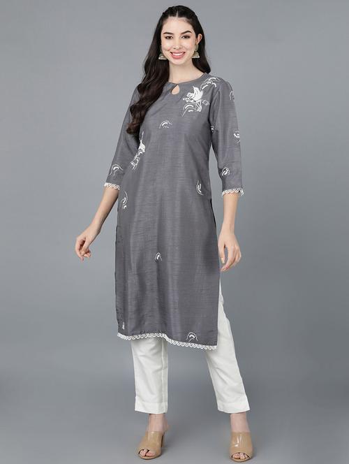 grey embroidered straight kurta - 19348322 - Very Small Image - 1