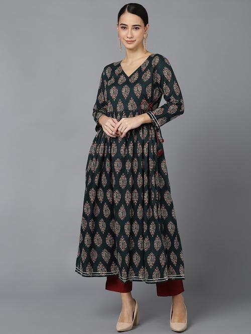 green cotton flared kurta - 19348362 - Very Small Image - 1