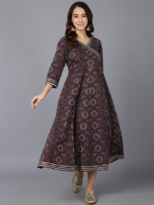 navy cotton flared kurta - 19348369 - Very Small Image - 1