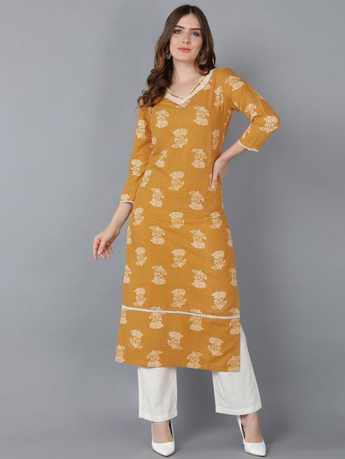 mustard cotton straight kurta - 19348448 - Very Small Image - 1