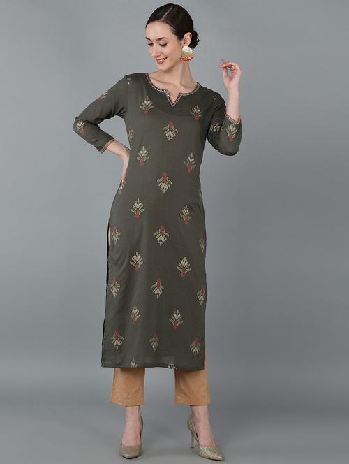 olive printed straight kurta - 19348527 - Very Small Image - 1