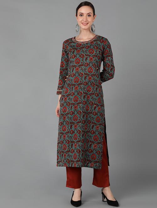 teal printed straight kurta - 19348547 - Very Small Image - 1