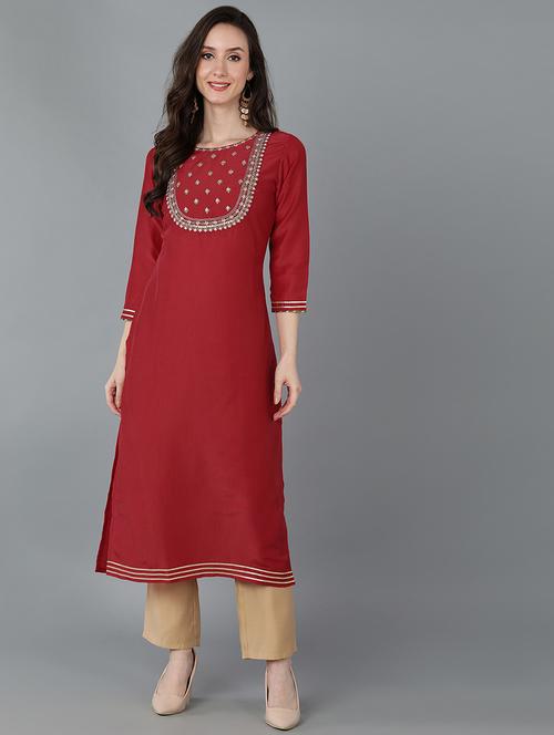 red embroidered straight kurta - 19348561 - Very Small Image - 1
