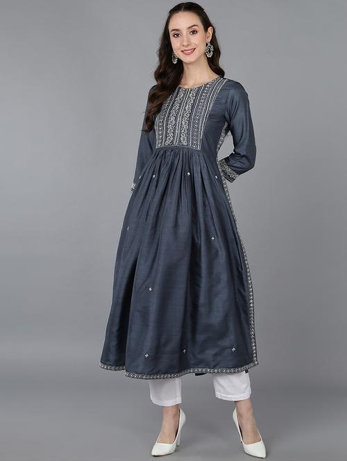 grey embroidered flared kurta - 19348629 - Very Small Image - 1