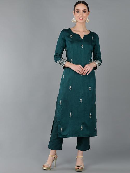 teal silk straight kurta - 19348635 - Very Small Image - 1