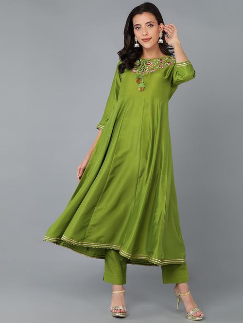 green embroidered a-line kurta - 19348655 - Very Small Image - 1