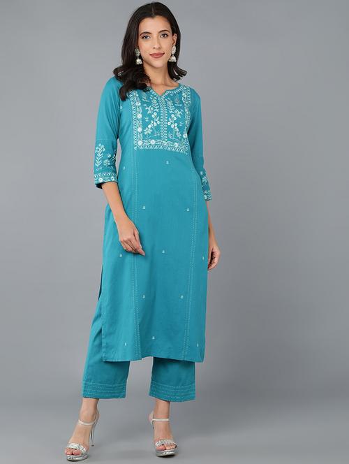 blue embroidered straight kurta - 19348659 - Very Small Image - 1