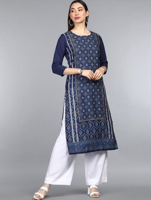 navy printed straight kurta - 19348703 - Very Small Image - 1