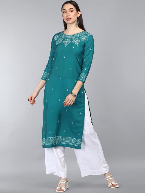 teal printed straight kurta - 19348735 - Very Small Image - 1
