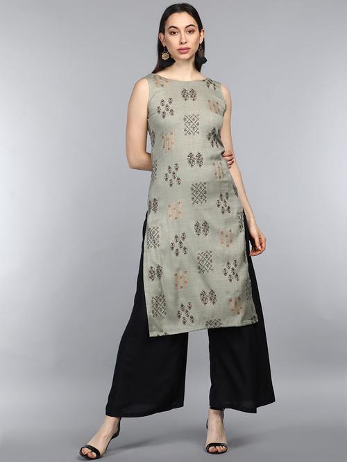 grey cotton straight kurta - 19348781 - Very Small Image - 1