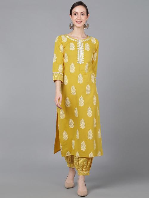 mustard round neck straight kurta - 19348799 - Very Small Image - 1