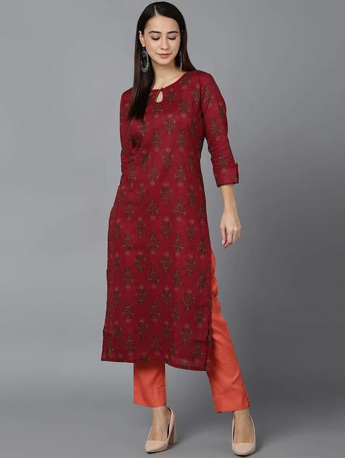 maroon key hole neck straight kurta - 19348810 - Very Small Image - 1