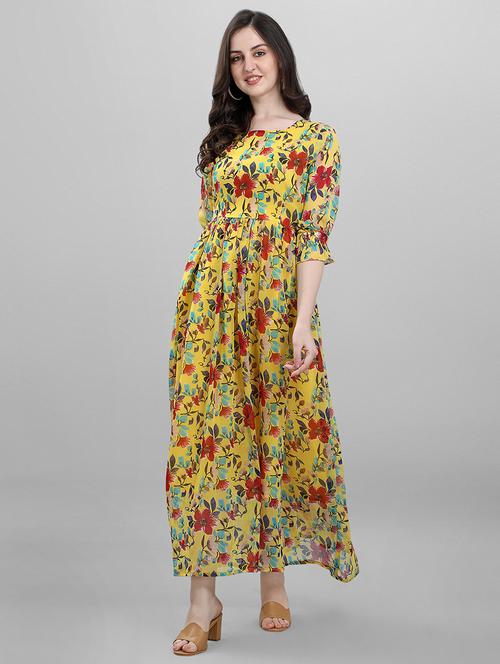yellow printed fit & flare gown - 19349165 - Very Small Image - 1