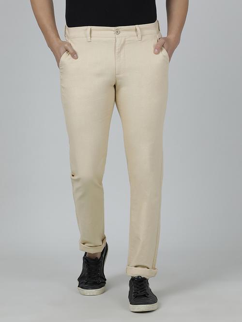 beige solid flat front casual trouser - 19354267 - Very Small Image - 1